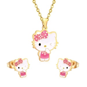 Children's Set necklace-earrings hypoallergenic steel Kitty 316L gold
