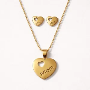 Women's Necklace-Earrings Set Heart Mom Stainless Steel Gold