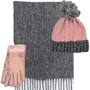 VERDE Set Women's Hat-Scarf-gloves one size 12-0438 grey/pink