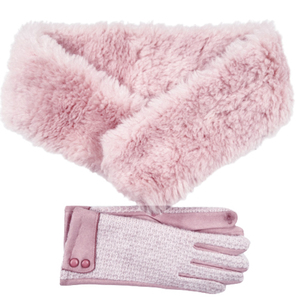 Women's fur neck-gloves set Verde 12-0461 pink