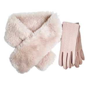 Women's fur neck-gloves set Verde 12-0462 ecru/taupe