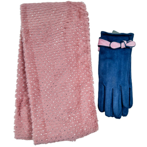 Women's fur neck-gloves set Verde 12-0476 pink/blue