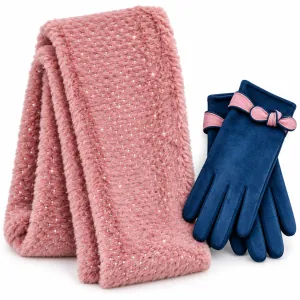 Women's fur neck-gloves set Verde 12-0476 pink/blue