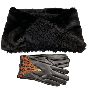 Women's fur neck-gloves set Verde 12-0486 black