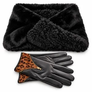 Women's fur neck-gloves set Verde 12-0486 black