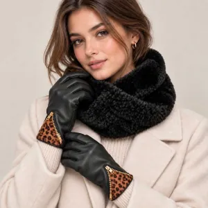 Women's fur neck-gloves set Verde 12-0486 black