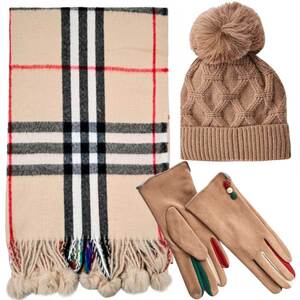 Verde Set Women's Hat and Scarf and gloves one size beige