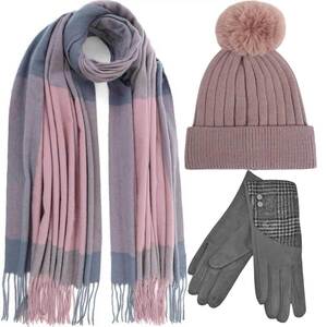 DOCA Set Women's Hat and Scarf and gloves one size  grey/pink
