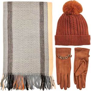 Verde Set Women's Hat and Scarf and gloves one size grey/camel