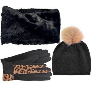 Verde Set Women's Hat and Scarf and gloves one size black/camel