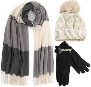 Verde Set Women's Hat and Scarf and gloves one size beige