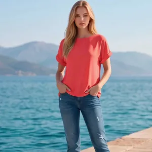 Γυναικεία Βαμβακερή Κοντομάνικη Μπλούζα Coral bode 39349COR