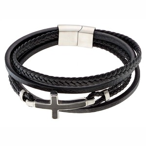 Men's 316L steel cross bracelet, made of black leather