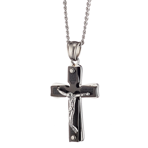 Men's steel cross with chain 316L silver and black